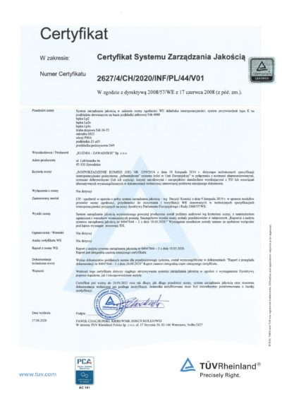 Certyfikat TUV 2627_4_CH_2020_INF_PL_44_V01